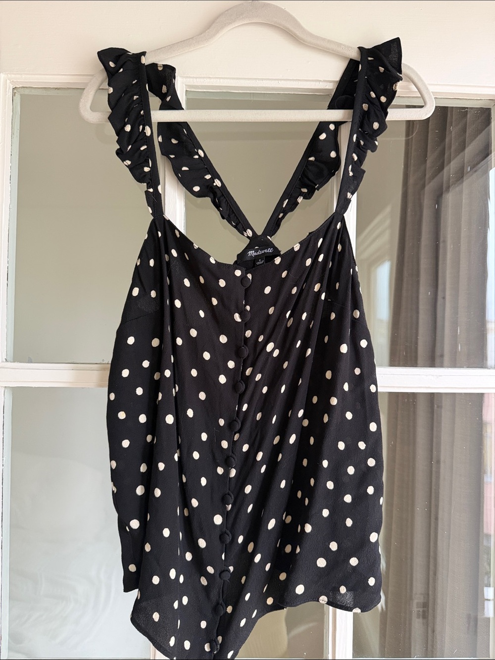 Madewell Black and Cream Polka Dot Ruffle Strap Tank